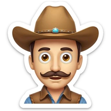 Clash of Clans aesthetic Comical Cowboy Portrait Emoji, Head tilted dramatically with an exaggerated, fun expression and wide, comically expressive eyes, featuring a rugged yet cartoonish build with a playful cowboy hat and quirky mustache, his natural skin tone evident, Simplified yet hilariously expressive features, highly detailed, glowing with a slightly sassy western glow, high shine, dramatic yet playful, stylized with an air of cheeky frontier mischief, soft glowing outline, capturing the essence of a meme-worthy cowboy bringing humor to epic quests! sticker