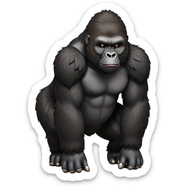 cinematic-gorilla-realistic-full-body-on-all-fours-emoji,-exuding-strength,-thick-dark-fur-in-the-light,-head-tilted-dramatically,-deep-dark-eyes-filled-with-intense-intelligence,-simplified-yet-realistic-focused-features,-highly-detailed, zoomed out friendly  sticker