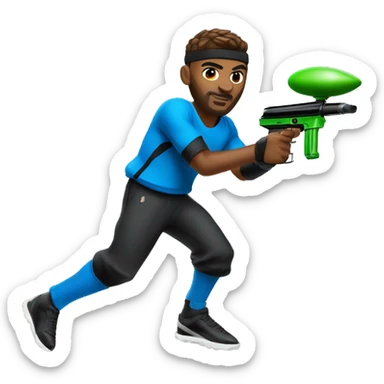 Brown skin paintball player, that looks similar to the Apple basketball player emoji, wearing a blue longsleeve jersey, black pants, a black headband, and running with a paintball gun in hand sticker