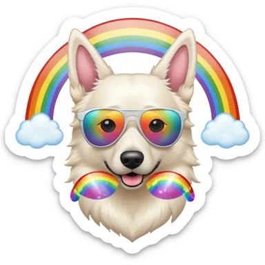 White belgian Shepard with glitter sunglas , on a rainbow sticker