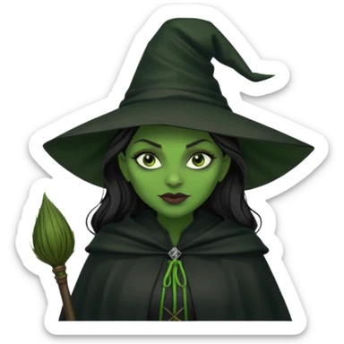 elphaba wicked witch with broom close up, evil dark coily long dark hair, green skin, thick green lips, cheekbones, smirk evil menacing cythia erivo dark aesthetic black hat cloak black broom sticker