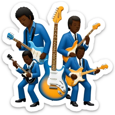 Icon for Blues Music: close-up collage of legendary blues artists. Gary Moore, Eric Clapton, B.B. King and Joe Cocker. Represented by silhouettes or symbolic items like guitars, microphones, or music notes, reflecting the soulful energy of blues music. Transparent background. sticker