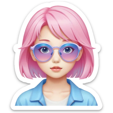 Vaporwave aesthetic Japanese girl with pastel pink hair, retro 80s sunglasses, nostalgic color palette of pink and blue, Japanese kanji characters floating, gradient background sticker