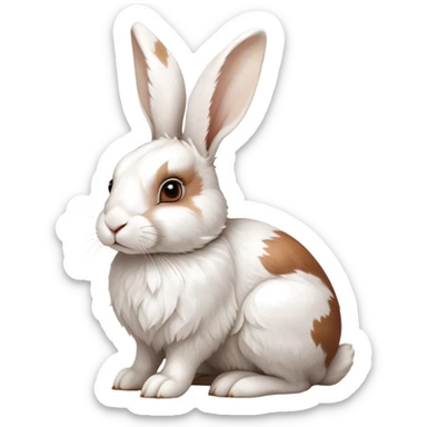 Cinematic Noble White and Brown Rabbit Portrait Emoji, Poised and regal, with a balanced, compact build and a beautifully patterned fur of pristine white accented by rich brown patches, long, alert ears and deep-set soulful eyes, Simplified yet sharp and sophisticated features, highly detailed, glowing with a soft, dignified glow, high shine, intelligent and gentle, stylized with an air of refined charm, focused and attentive, soft glowing outline, capturing the essence of a watchful and confident companion, so majestic it feels as though it could hop out of the screen with effortless authority! sticker