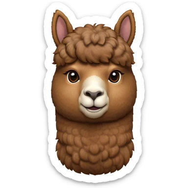 Cinematic Noble Brown Alpaca Portrait Emoji, Poised and regal, with a sturdy, graceful build and a rich, well-groomed brown fleece, deep-set soulful warm eyes, Simplified yet sharp and sophisticated features, highly detailed, glowing with a soft, dignified glow, high shine, intelligent and serene, stylized with an air of pastoral elegance, focused and attentive, soft glowing outline, capturing the essence of a watchful and confident companion, so majestic it feels as though it could stride out of the screen with effortless authority! sticker