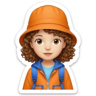 A little girl student curly brown hair, with beige bucket hat, orange jacket, blue backpack sticker