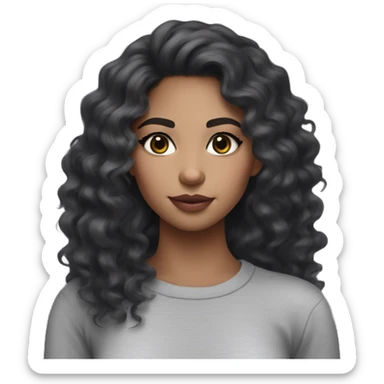 mixed girl with chest black long wavy curly hair and brown eyes and has long lashes on and noticeable blush and her lips are pink and shes wearing a tight grey long sleeve top sticker