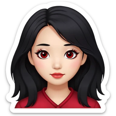 Asian girl with long shaggy black hair. middle part hair. big dark eyes. red blush. dimples. simply dark makeup sticker