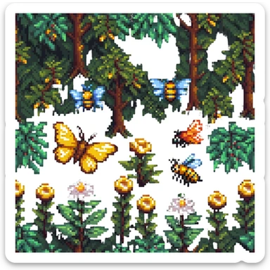 pixel art of a butterfly and bee among trees and plants, forest background sticker