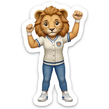 confident anthropomorphised female lion wearing a baseball shirt, jeans, trainers, raising a fist in the air, strong and determined expression sticker