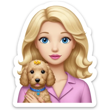 Long, straight, blonde hair, blue eyed woman, wearing soft pink lipstick, holding a wavy blonde, goldendoodle. sticker