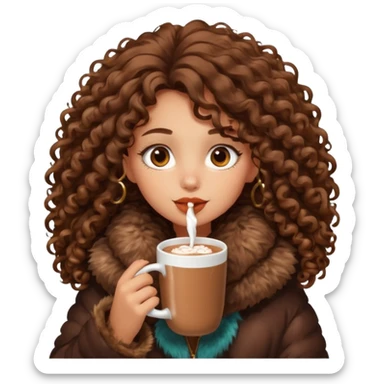 tanned girl with long brown curly hair, drinking hot chocolate , wearing oversized fur jacket sticker