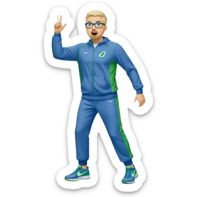 Full Body white male plus size wearing glasses with a goatee with light blonde and gray very short hair yelling head Coach in blue and green Nike dry sweat suit sticker