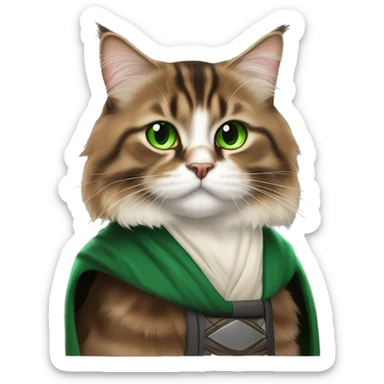 Brown and black Siberian cat with green eyes dressed as obi wan kenobi sticker
