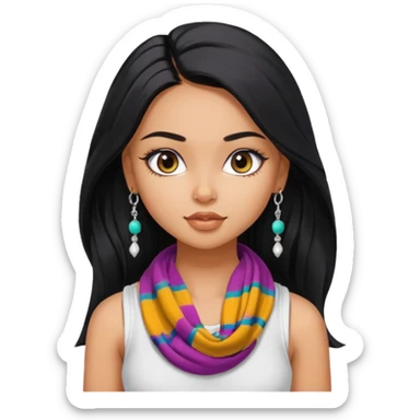 a pretty bratz girl with long black hair, kajal under eyes, small silver jhumkas. White tank top on. Colourful scarf around neck sticker