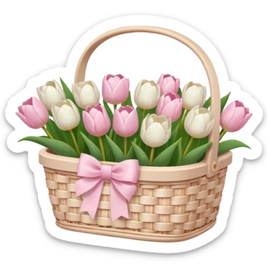 A white Picnic basket with light pink bow, white peonie, tulips sticker