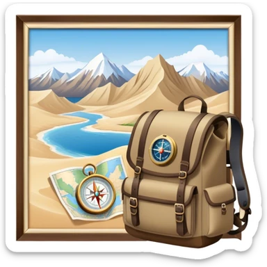 Icon for Expeditions: a compass, a map, a backpack with trekking gear, and a rugged expedition jeep, set against a backdrop of snowy mountains, sand dunes, and tropical islands. The icon should capture the spirit of adventure and exploration in diverse landscapes. Transparent background. sticker