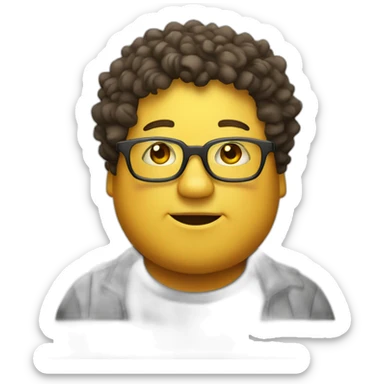 A fat man wearing glasses, with a square face, naturally curly hair and yellow skin sticker