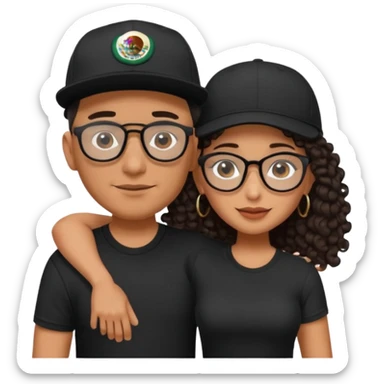 A picture of an embracing tanned couple. the man is a Mexican man with tanned skin, with a bald hair cut wearing a SnapBack hat and a black shirt. the woman wearing black glasses, with long curly dark brown hair and with big boobs.  sticker