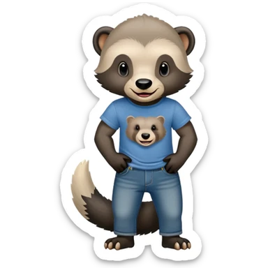 mischievous anthropomorphised honey badger in jeans and a t-shirt, smirking expression sticker