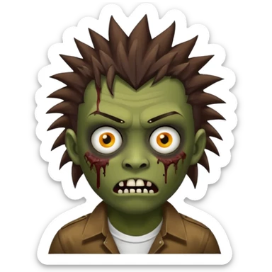 Um garoto zombie de cabelo castanho escuro, com o cabelo chegando no pescoço, punk, com olhos castanhos esverdeados, de camisa branca sticker