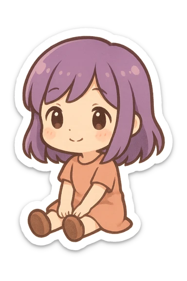 chibi girl with purple hair, sitting, cute chibi stickers illustration style sticker