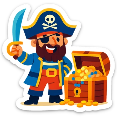 pirate with treasure chest, vibrant colors, playful style sticker