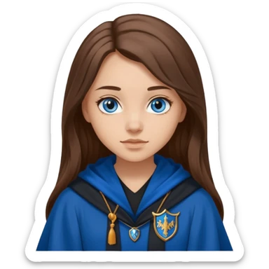 gorgeous Girl with light skin, blue eyes, long brown hair, wears ravenclaw black and blue robes  sticker