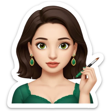 pretty bratz genmoji that looks like tamannah bhatia (bollywood actress), wearing a dark green sweetheart neckline top, dark brown hair, light makeup, no necklace, dangly earrings, side hair part, fair. dark brown eyes


Show her applying something on her face with a finger sticker