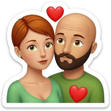 Couple. Bald man with dark brown-black beard. Woman with freckles, white skin and she has auburn-yellow-brown-hair. She has light yellow-green-brown eyes. He have hazel eyes. They look at each other. Many small red hearts around them. sticker
