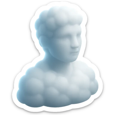 person looking straight, fully made of white fluffy convex clouds, shoulder up, matte glass style sticker