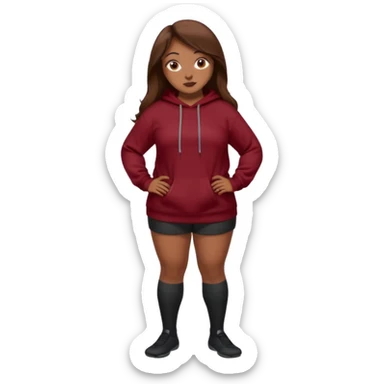 Curvy pretty brown girl with long brown hair, wearing a dark deep red sweatshirt with tall black socks sticker