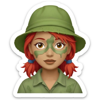 messy green full face clay mask and tourist hat red hair  sticker