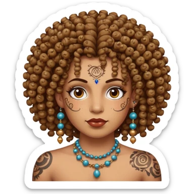 curly haired and heavy face tattoed person with a unique face and style, beads in hair sticker