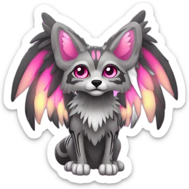 Coyote ocelot standing with grey and black fur and phoenix wings on back and pink ears half skeleton, neon lights sticker