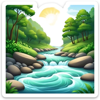 Cinematic Realistic River Emoji, Serene and flowing, with sparkling water meandering through lush greenery, surrounded by trees and rocks. The sun dances across the rippling surface, creating glimmering reflections while birds fly overhead. Soft glowing outline, capturing the essence of peacefulness and tranquility in a meandering river. sticker