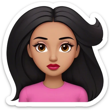Woman,light brown skin,super long black straight hair, medium brown arched eyebrows, full lashes, red nude lips , pink shirt, small forehead  sticker
