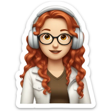 White girl with Peace Sign Hand, long red red wavy hair, square glasses, wearing headset and winking one eye sticker