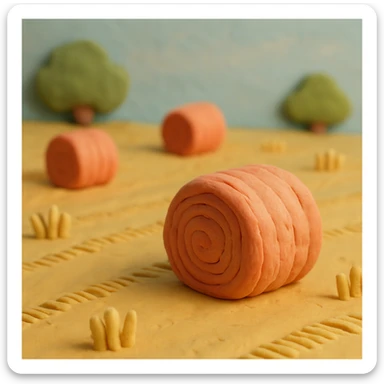 hay bales in a field, pastel colors, visible fingerprints, claymation style sticker