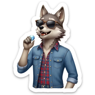 friendly anthropomorphised wolf in jeans and plaid shirt, wearing dark sunglasses, howling with the moon in the background, upright pose sticker