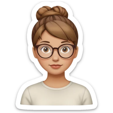 femme de 38 ans avec des cheveux châtain clair, un chignon haut, yeux bruns, lunettes rondes sticker