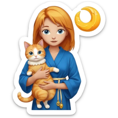 lightly tanned skin, blue eyes, cute and sexy girl with bright yellow-brown hair in a dark sky pallete robe, golden rings, slight cute makeup, full body, slightly turned aside pose, holding a cat in hands sticker