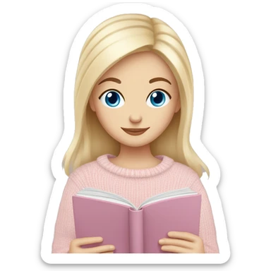 Pretty blue eyed white girl with light pink sweater reading cozy sticker