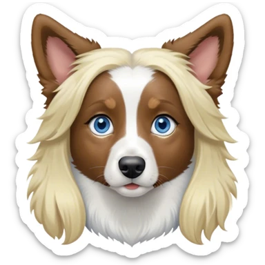 pale girl with blue eyes and long blonde hair and black white Australian shepherd with perked up ears sticker