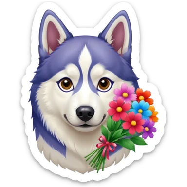 siberian husky dog holding flowers sticker