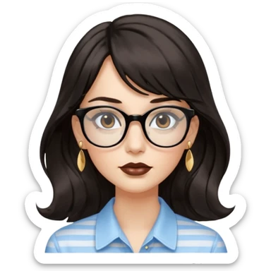 An emoji featuring a woman with long wavy dark brown hair and a whispy bang, wearing thick black square glasses, gold drop earrings. She has long lashes and a nude browny glossy lipstick. She's wearing an oversize light blue shirt with white vertical strips. sticker