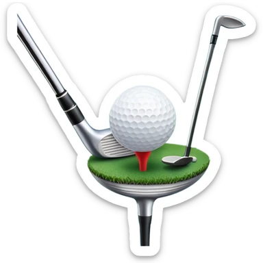 A golf ball on a tee, with a golf club placed beside it on the lush green fairway. The background shows a serene golf course with neatly trimmed grass and a clear blue sky, emphasizing the elegance and precision of the game. sticker