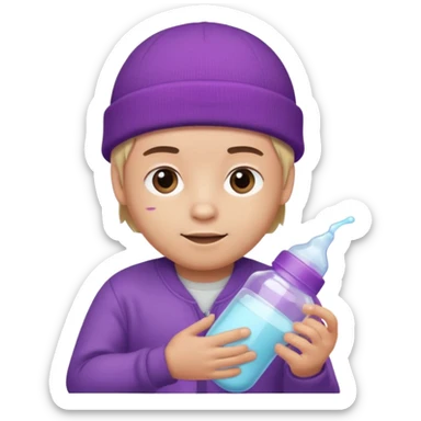 guy with beanie holding a baby bottle with purple liquid sticker