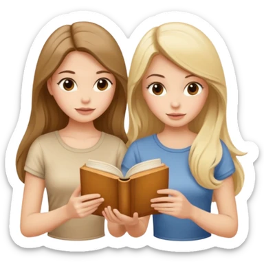 two beautiful girls in beige tops reading a beautiful vintage book. one brunette, the other blonde. both with long hair with sticker