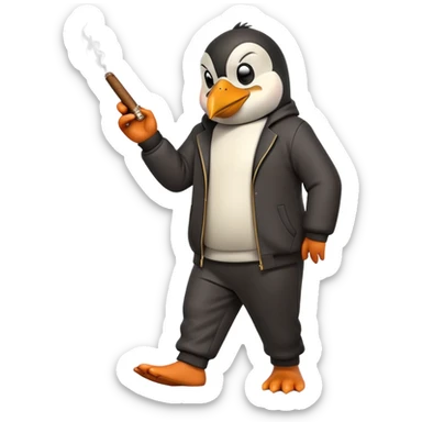 friendly anthropomorphised penguin wearing a mafia-style tracksuit, holding a cigar, secretive scheming pose, angry expression, stomping while walking sticker